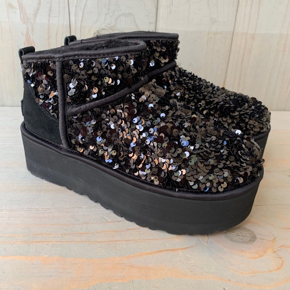 UGG Shoes - UGG ULTRA MINI PLATFORM CHUNKY SEQUIN BOOTS BLACK US 8  NIB
